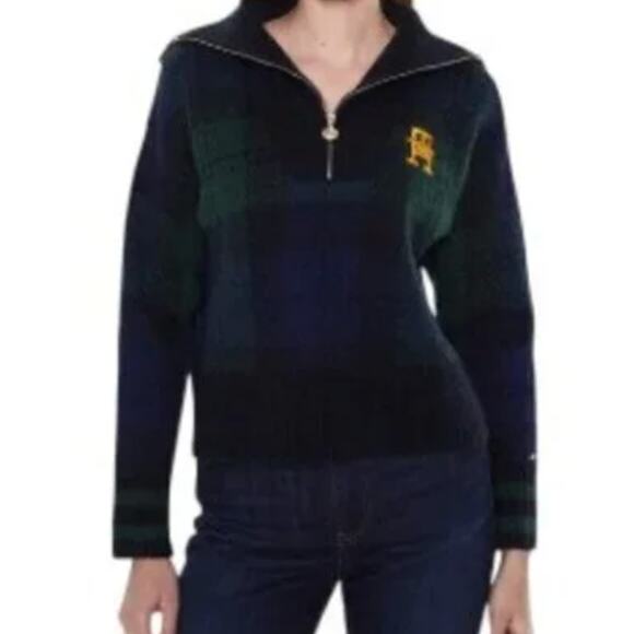 Tommy Hilfiger Blue Green Plaid Tartan Yellow Logo Quarter Zip Sweater size L - Picture 2 of 13